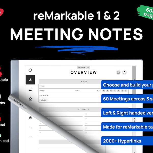 Meeting Notes for remarkable tablets | Remarkable 2 templates | Meeting Book for Business Planning | Digital Meeting Notebook for remarkable