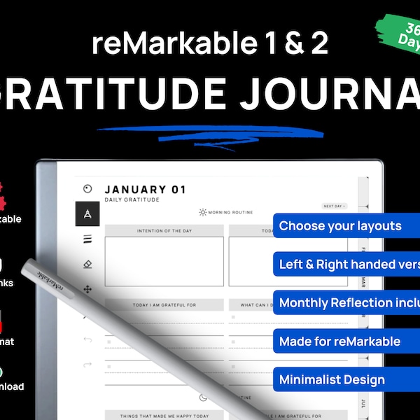 Dankbarkeit Journal für reMarkable tabletten | Bemerkenswerte 2 Vorlagen | Achtsamkeit Journal | Self Care Journal | Undatierter Planer für reMarkable