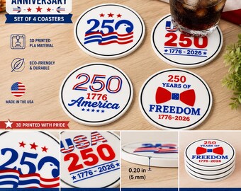 USA 250 Coaster Set of 4 | 3D Printed Patriotic Coasters | America 250 Anniversary | 1776-2026 USA Decor | Fourth of July Gift