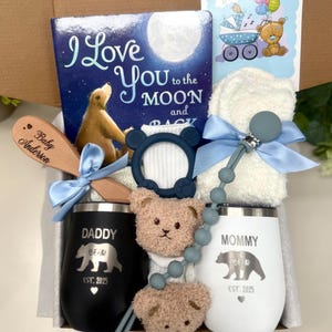 New Baby Boy Family Gift Box Expecting New Parents Gift Box for New Mom Dad Baby Boy Mommy Daddy Bear Newborn Boy Gift Basket for Pregnant