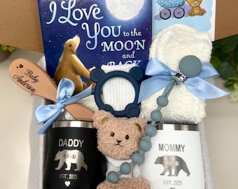 New Baby Boy Family Gift Box Expecting New Parents Gift Box for New Mom Dad Baby Boy Mommy Daddy Bear Newborn Boy Gift Basket for Pregnant
