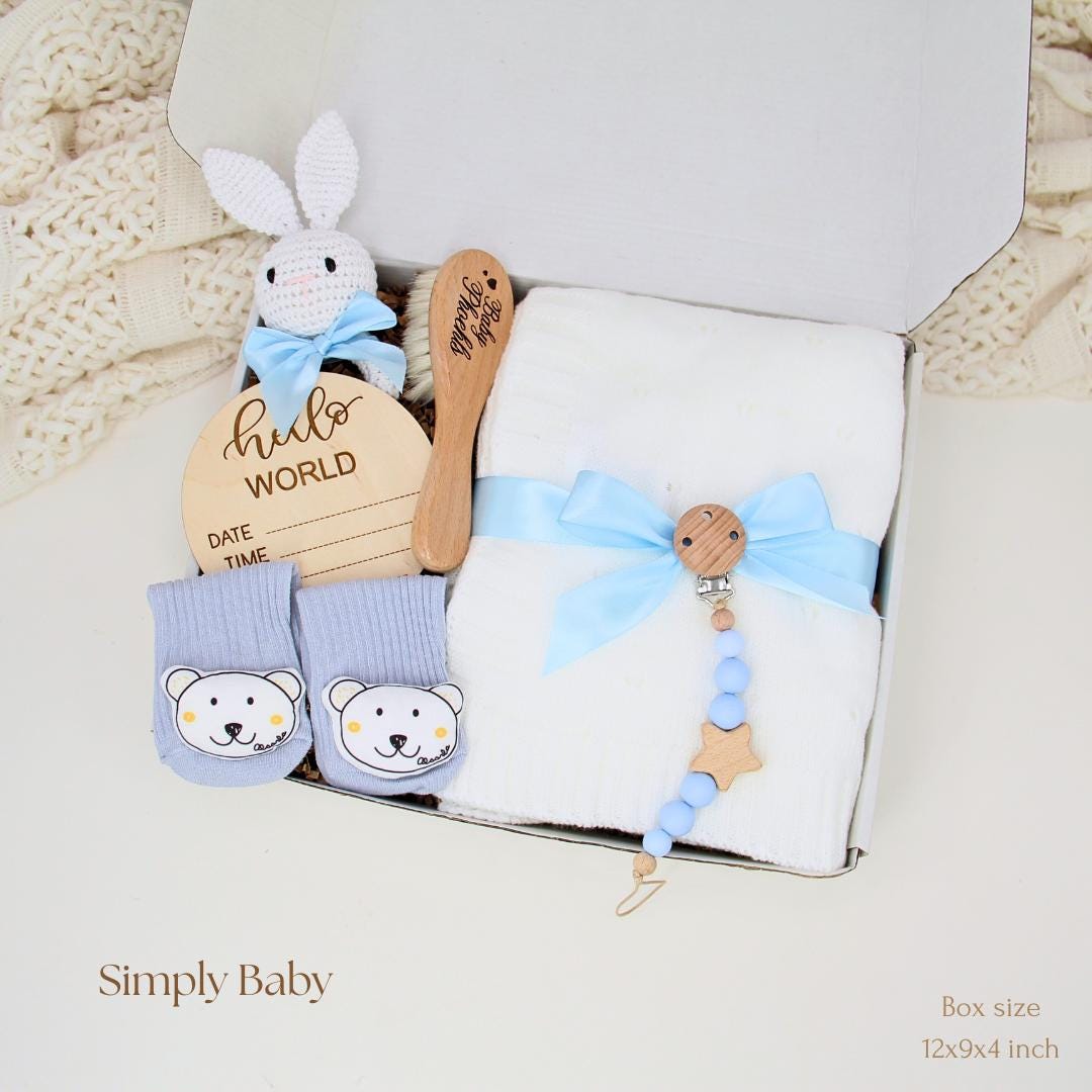 Personalized Baby Boy Gift Set With Blanket, Hello World Sign, Bear ...