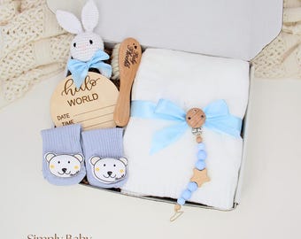 Personalized Baby Boy Gift Set With Blanket, Hello World Sign, Bear Socks, Personalized Hair Brush, Bunny Toy, Blue Pacifier