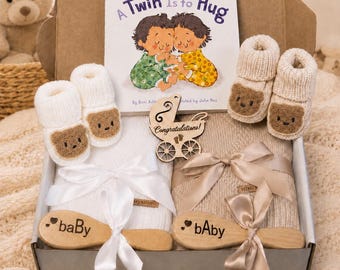 Neutral Baby Twins Gift Box Baby Shower Gift Basket for Newborn Twin Gift for New Parents of Twins Baby Keepsake Set for Boys and Girls