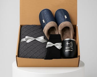 Christmas Gift Box for Men, Personalized Holiday Set with Blanket and Slippers, Cozy Winter Gift for Dad, Husband, Boyfriend