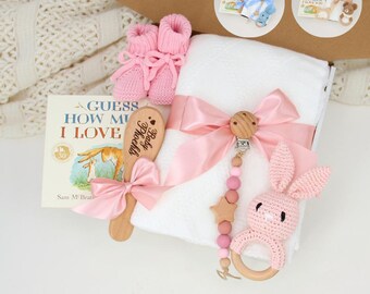 Baby Girl Welcome Gift Box – Newborn Blanket, Book, Bunny Rattle