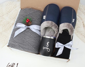 Men's Winter Gift Basket, Cozy Blanket, Slippers, Personalized Tumbler