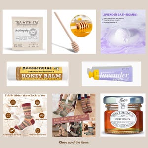 May include: A collection of self-care and comfort items. Includes a tea sachet, honey dipper, lavender bath bomb, honey lip balm, lavender sage cream, patterned socks, and a jar of honey. The text reads "Tea with Tae", "Beessential Honey Balm", and "Pure Honey".
