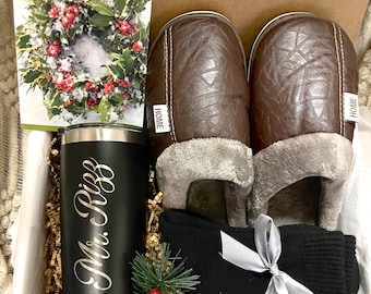 Personalized Gift Box for Him - Custom Tumbler, Cozy Slippers & Socks - Christmas Gift Set for Men, Boyfriend, Husband, Dad Holiday Basket