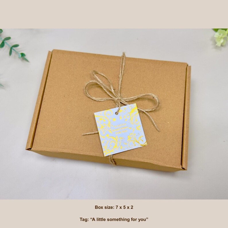 May include: A brown cardboard box tied with twine, featuring a tag that reads "A little something for you." The box measures 7 x 5 x 2 inches. The tag has a light blue background with gold floral designs.
