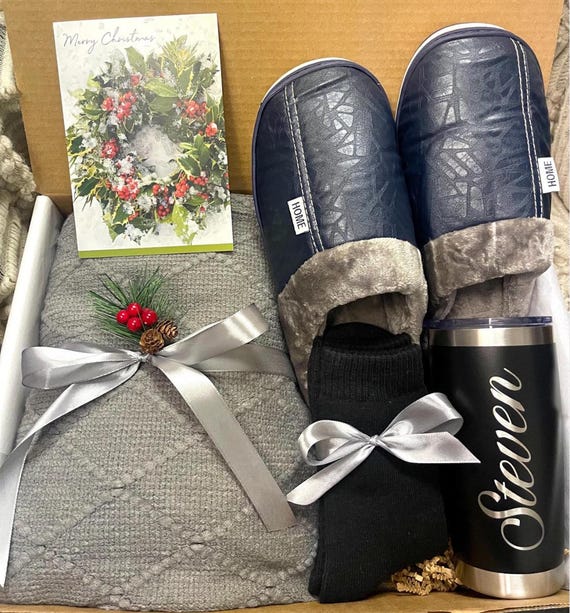 Personalized Gift Box for Him - Custom Name Tumbler, Blanket, Slippers & Socks - Cozy Winter Christmas Gift for Men, Husband, Dad, Grandpa
