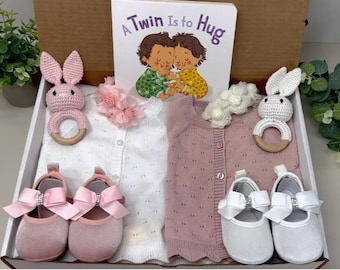 Twins Girls Gift Basket Baby Shower Gift Set for Newborn Twins Gift for New Parents of Twin Girls, Baby Keepsake Set Gift Box for Twin Girls