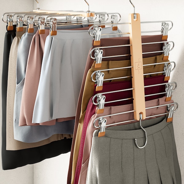 MORALVE Space Saving Skirt Hanger - European Beechwood - Tired Skirt Hangers - Shorts Hangers - Closet Organizers  - 2 Pack - Natural