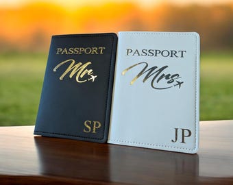 Personalised Mr & Mrs Passport Covers | Honeymoon Gift for Couple | Custom Wedding Gift | Bride Groom Travel Set | Engagement Gift | Couple