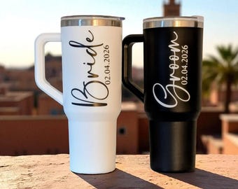 Personalised Bride & Groom Travel Mug Set | 40oz Custom Wedding Tumblers | Honeymoon Gift for Couple | Engaged Gift | Mr Mrs Travel Cup