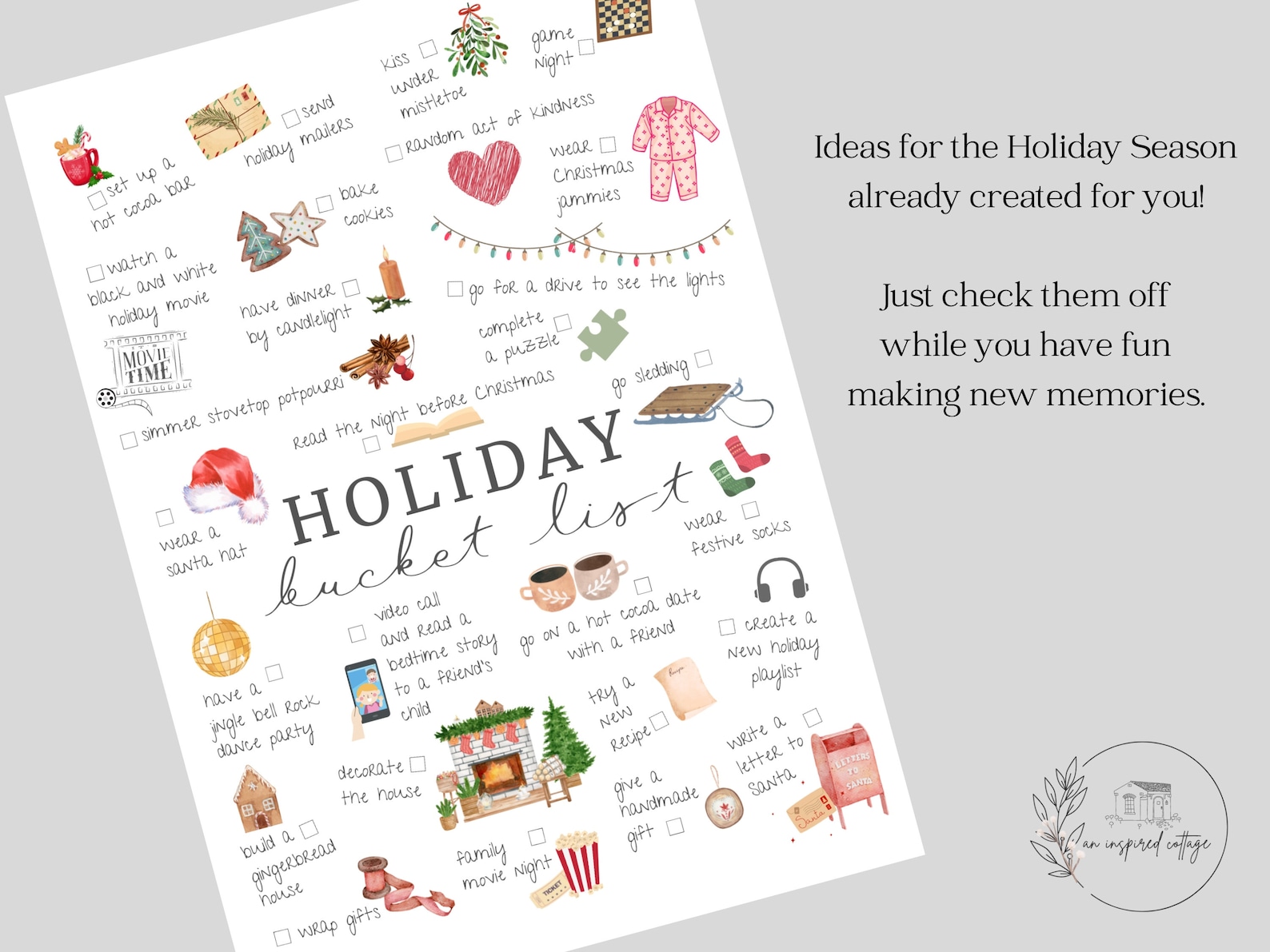 Holiday Bucket List Printable, INSTANT DOWNLOAD, Christmas Bucket List