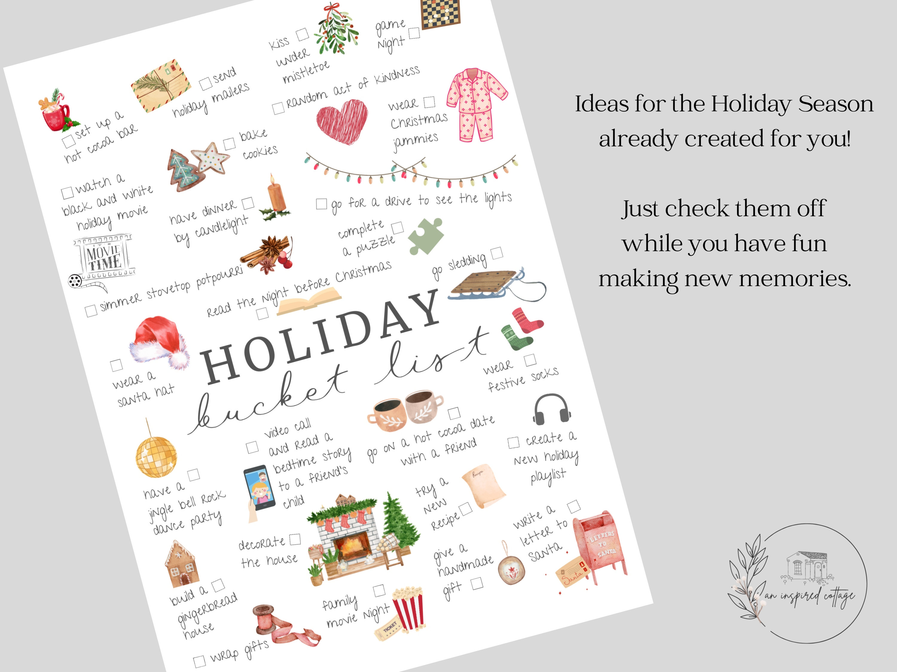 Holiday Bucket List Printable, INSTANT DOWNLOAD, Christmas Bucket List ...