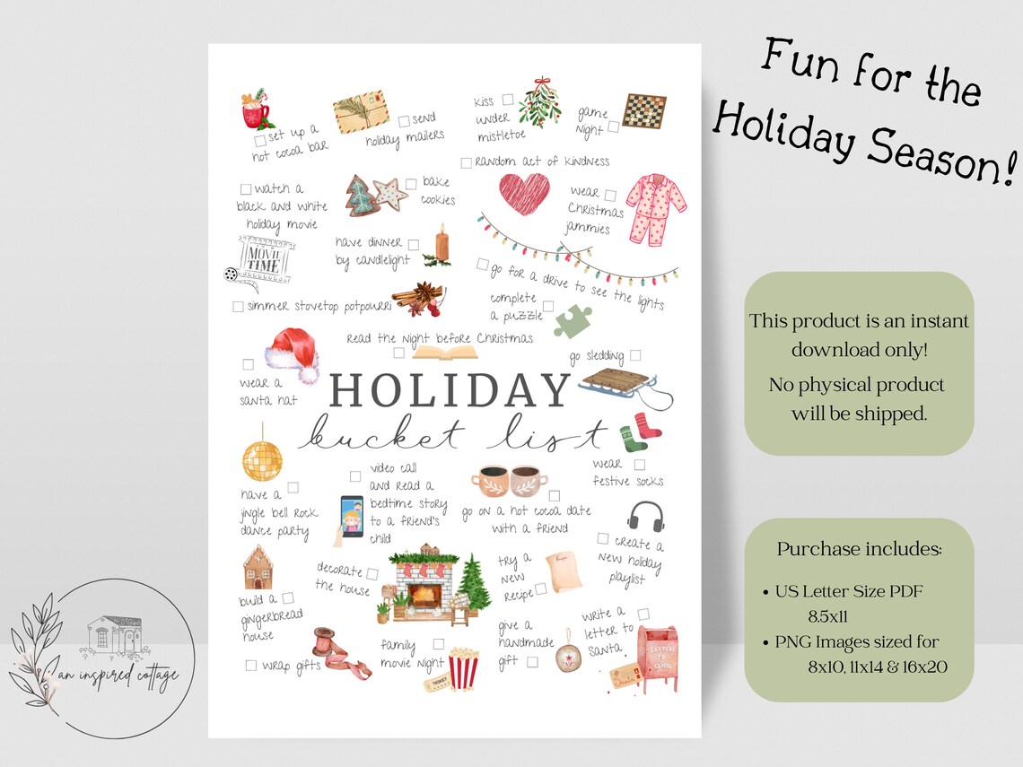 Holiday Bucket List Printable, INSTANT DOWNLOAD, Christmas Bucket List