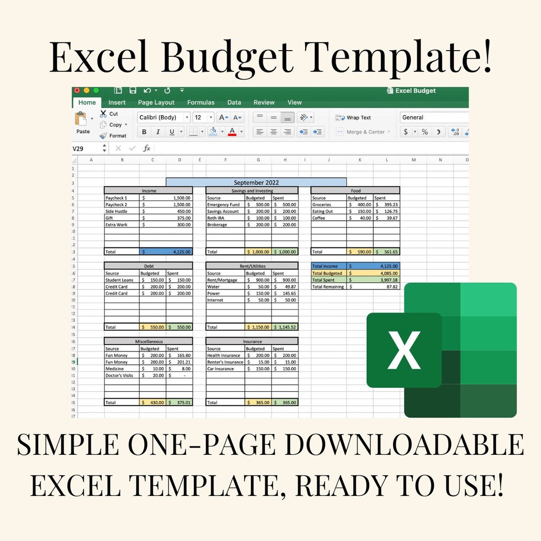 Simple Excel Budget Template Easy To Use Budget Template Etsy