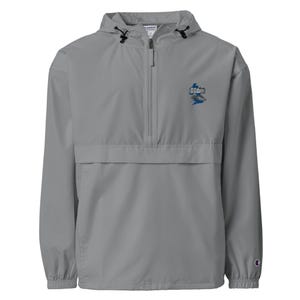 May include: A gray hooded jacket with a zipper closure and a small embroidered logo on the left chest. The logo is blue and white and features a stylized image of a building.