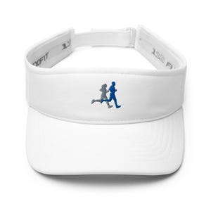 May include: White visor with a curved peak and adjustable strap. The visor has an embroidered design of two runners, one grey and one blue. The text "XFIT" is printed on the side of the visor.