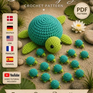 Könnte beinhalten: Eine Häkelanleitung für ein Schildkröten-Memory-Spiel mit einer großen türkisfarbenen und lindgrünen Schildkröte, umgeben von zwölf kleineren passenden Schildkröten. Das Bild enthält Sprachbezeichnungen, ein YouTube-Symbol und PDF-Details.