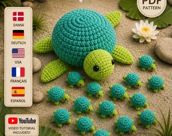 May include: A crochet pattern for a Turtle Memory Game featuring a large teal and lime green turtle surrounded by twelve smaller matching turtles. The image includes text labels for languages, a YouTube video tutorial icon, and PDF pattern details.