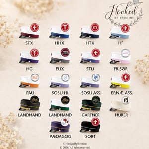 May include: A collection of student graduation caps in various colors, each featuring a black visor and a unique circular emblem. The caps are labeled with text including STX, HHX, HTX, HF, HG, EUX, STU, FRISØR, PAU, SOSU HI., SOSU ASS, ERNÆ. ASS., LANDMAND, GARTNER, MURER, PÆDAGOG, and SORT.