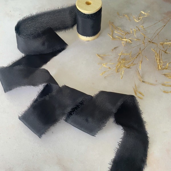 Silk Ribbon in Black | 5 meter roll of habotai silk ribbon with raw edge.  Silk ribbon on a wooden reel.  Perfect for wedding stationery