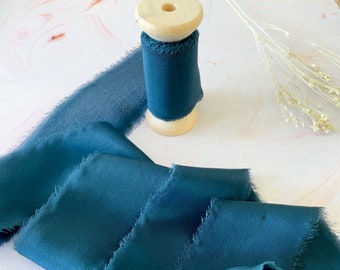 Silk Ribbon In Navy Blue | 5 Meter Roll of 50mm wide Habotai Silk Ribbon with a raw edge | Silk Ribbon on a wooden Spool | Frayed edge
