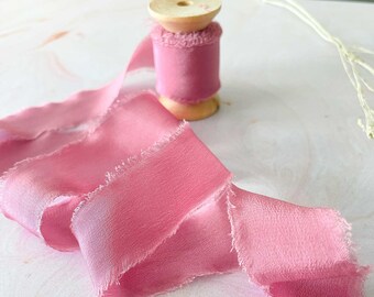 Silk Ribbon in Soft Raspberry / Roll of Habotai Silk Ribbon with a frayed edge sold on a wooden Spool / Bright Pink silk ribbon