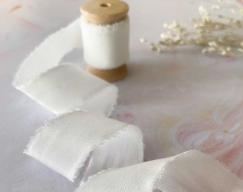 Silk Ribbon in White / Roll of Habotai Silk Ribbon with a frayed edge sold on a wooden Spool / Bridal White silk ribbon