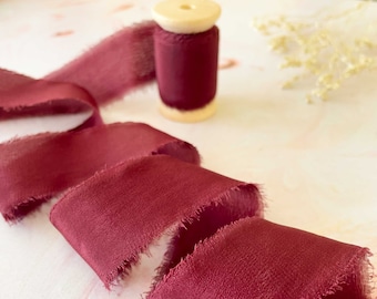 Silk Ribbon in Burgundy / Roll of Habotai Silk Ribbon with a frayed edge sold on a wooden Spool / Burgundy Red silk ribbon