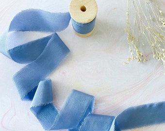 Silk Ribbon in Airforce Blue / Roll of Habotai Silk Ribbon with a frayed edge sold on a wooden Spool / Airforce Blue silk ribbon
