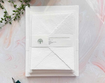 Watercolour Paper Envelopes - White | Handmade Cotton Paper Envelopes with deckled edges and pointed flaps | C6 | 5" x 7" | A5