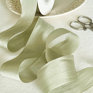 Silk Closed Edge Ribbon in Dusky Sage Green / Habotai SIlk Ribbon in Pale Green Colour / Fine Silk Ribbon Sold by the meter