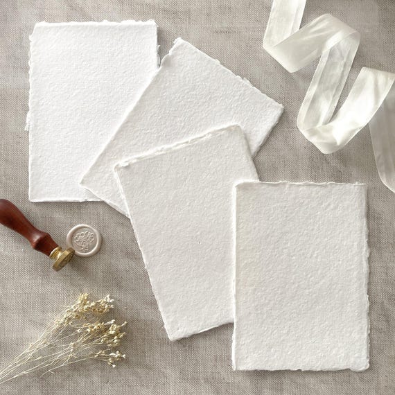 Premium White Handmade Paper (vegan) | PACK OF 5 SHEETS | Superior Quality Recycled Cotton Rag Paper with Deckled Edges |