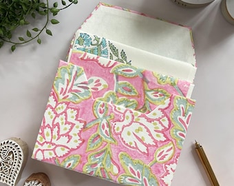 Clara Block Printed Note Card e Envelope Set em caixa de presente | Conjunto de cartões de nota feitos à mão com papel de retalhos de algodão reciclado