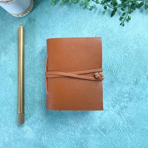 Handmade Tan Leather Pocket Journal | A7 Miniature Notebook, Recycled Paper