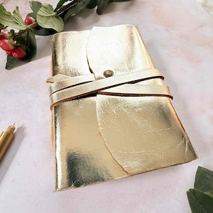 A6 Handmade Leather Notebook in Metallic Gold | Small Journal in Gift Bag