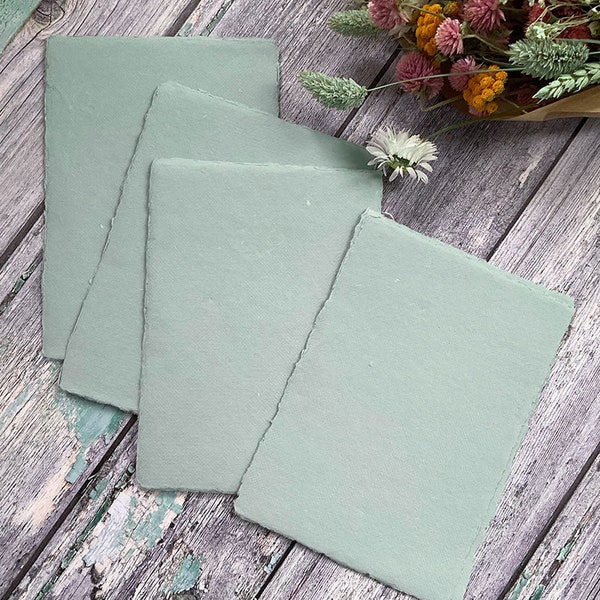 Dusky Green Handmade Paper | PACK OF 5 | Recycled Cotton Rag Paper in sage green colour | Hand Made Paper with deckle edge / Various Sizes