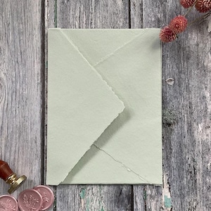 Light Green Handmade Paper Envelope | Hand Made Envelope from Recycled Cotton Rag Paper in Pale Green | Deckle Edge Invitation Envelope