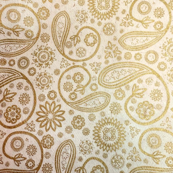 Lokta Wrapping Paper - Paisley Pattern in Gold and Ivory | Handmade Gift Wrap in Gold and Ivory | Made from Eco Friendly Lokta Paper