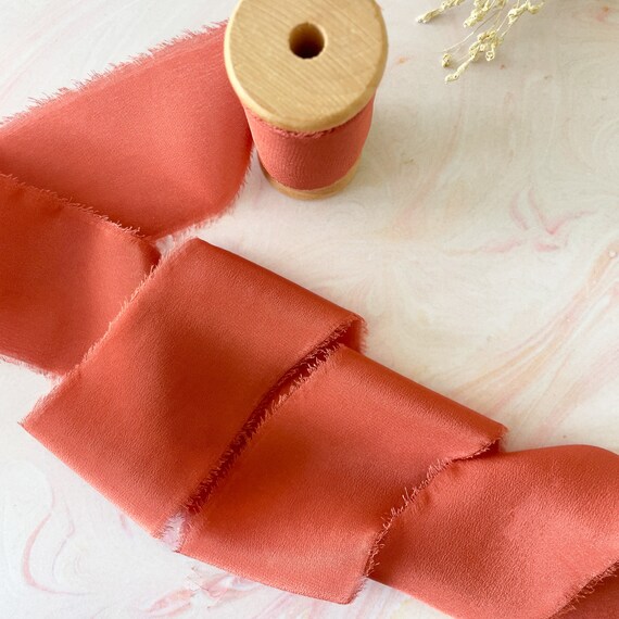 Silk Ribbon in Rust 5 Meter Roll of 50mm Wide Habotai Silk Ribbon With a Raw  Edge Silk Ribbon on a Wooden Spool Burnt Orange Colour 