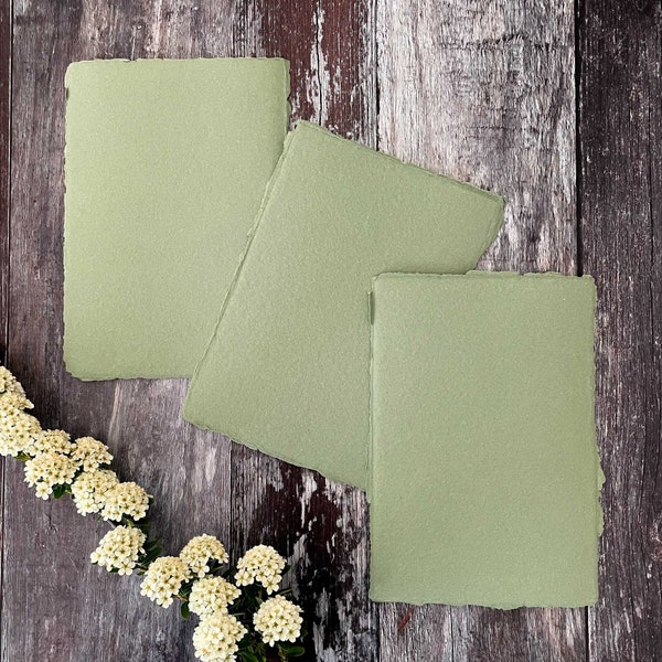 Desert Sage Handmade Paper | Recycled cotton rag paper in khaki green | Deckle edge paper for invitations | Various sizes available