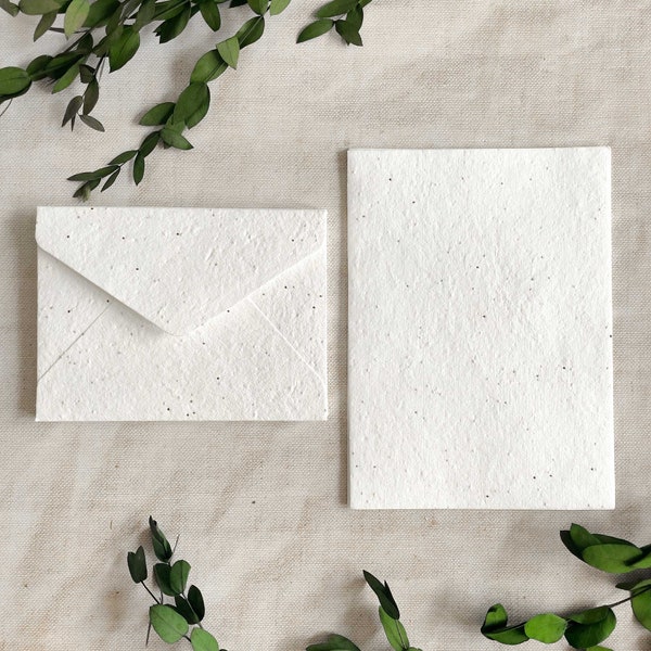 Plantable Handmade Paper and Envelopes / Seeded Paper made from recycled cotton rag / Basil seed paper and envelopes