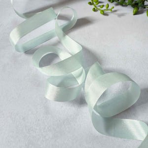 Narrow Silk Closed Edge Ribbon in Mist | 13mm wide pastel blue/green colour silk ribbon | Luxury silk ribbon perfect for placecards and tags