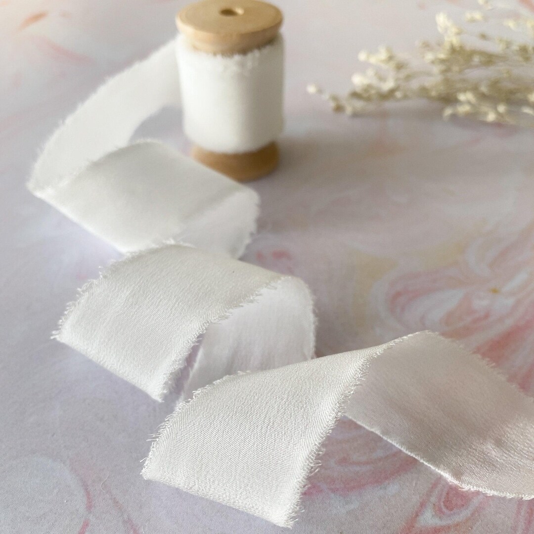 Silk White Ribbons Silk Ribbon in White / Roll of Habotai Silk Ribbon With a Frayed Edge ...