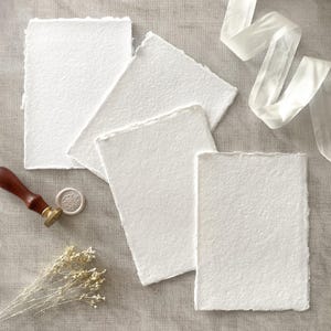 Premium White Handmade Paper (vegan) | PACK OF 5 SHEETS | Superior Quality Recycled Cotton Rag Paper with Deckled Edges |