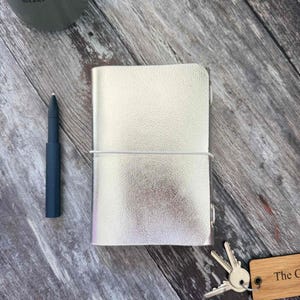 A6 Refillable Silver Leather Journal | Handcrafted Notebook with Blank & Lined Inserts, Gift Bag Included